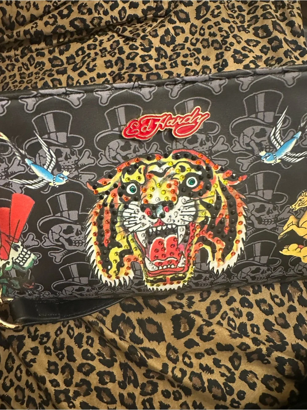 Ed Hardy Black Satchel with Multicolor Tiger and Yellow Pegasus / brand new